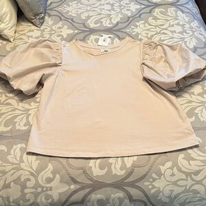 Women’s tan cream Mudpie Puff short Sleeve Top blouse small new